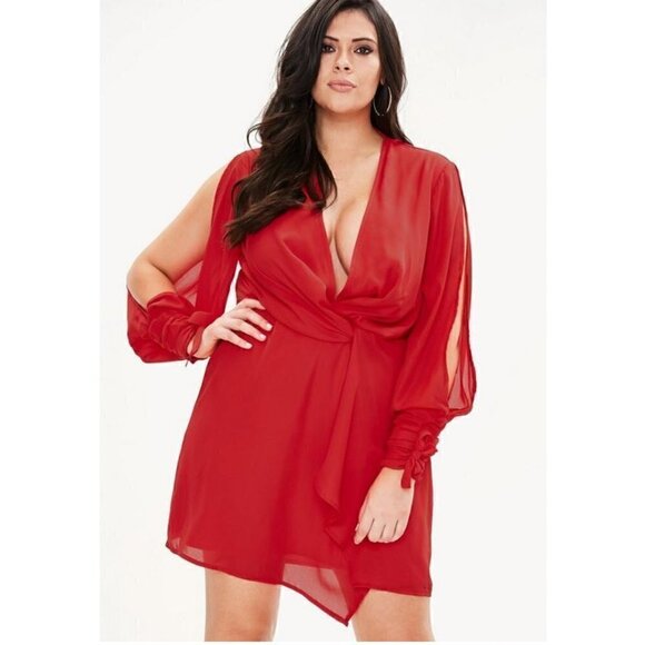 Missguided Mini Dress 14 NWT Red Curve Twist Front Red Cuff Split Sleeve Party - Picture 1 of 14